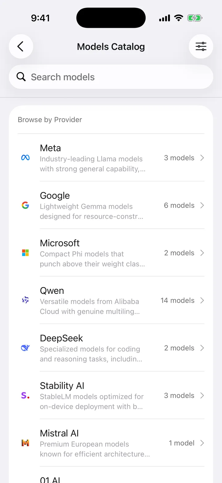 The KernelAI model catalog grouped by provider, from Meta and Google to Mistral AI