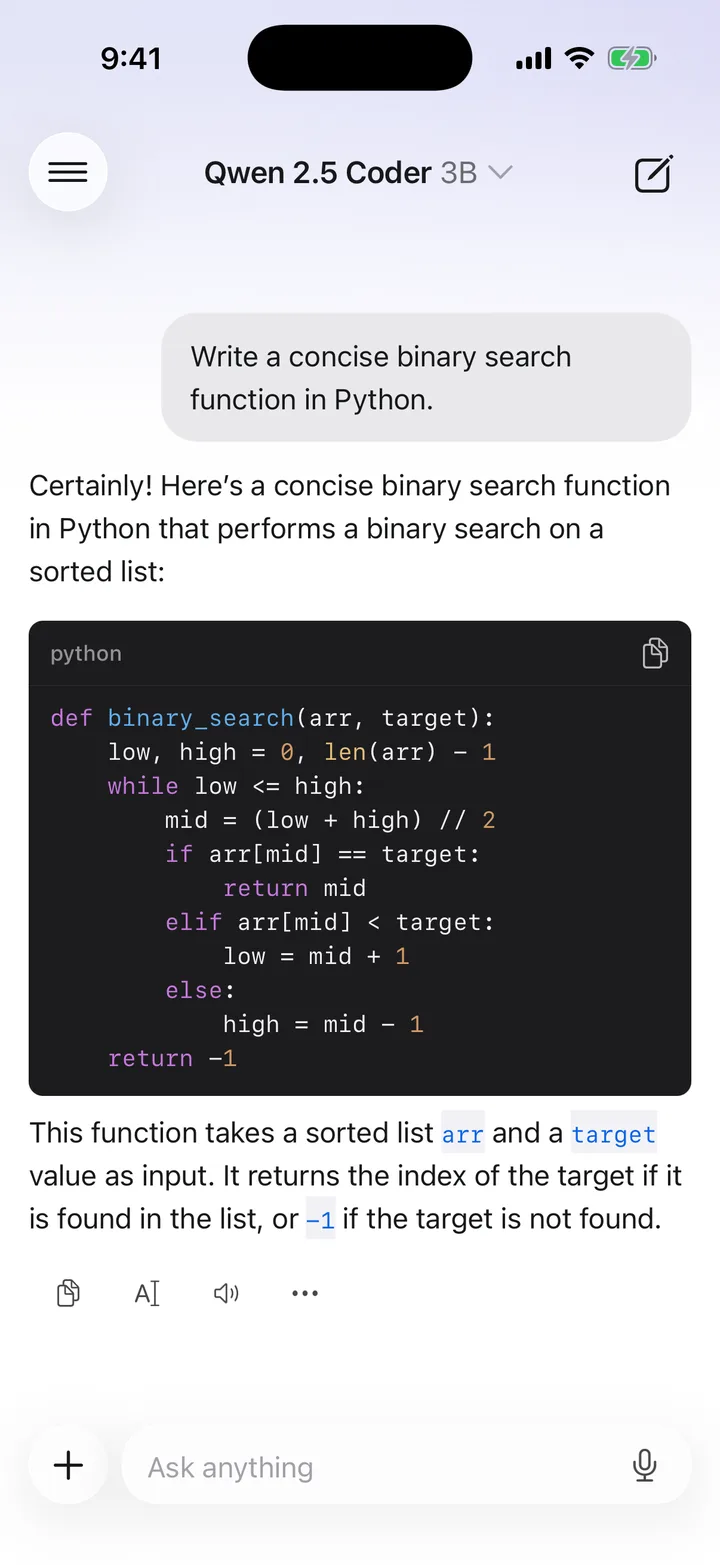 Qwen 2.5 Coder 3B writing a syntax-highlighted Python binary search