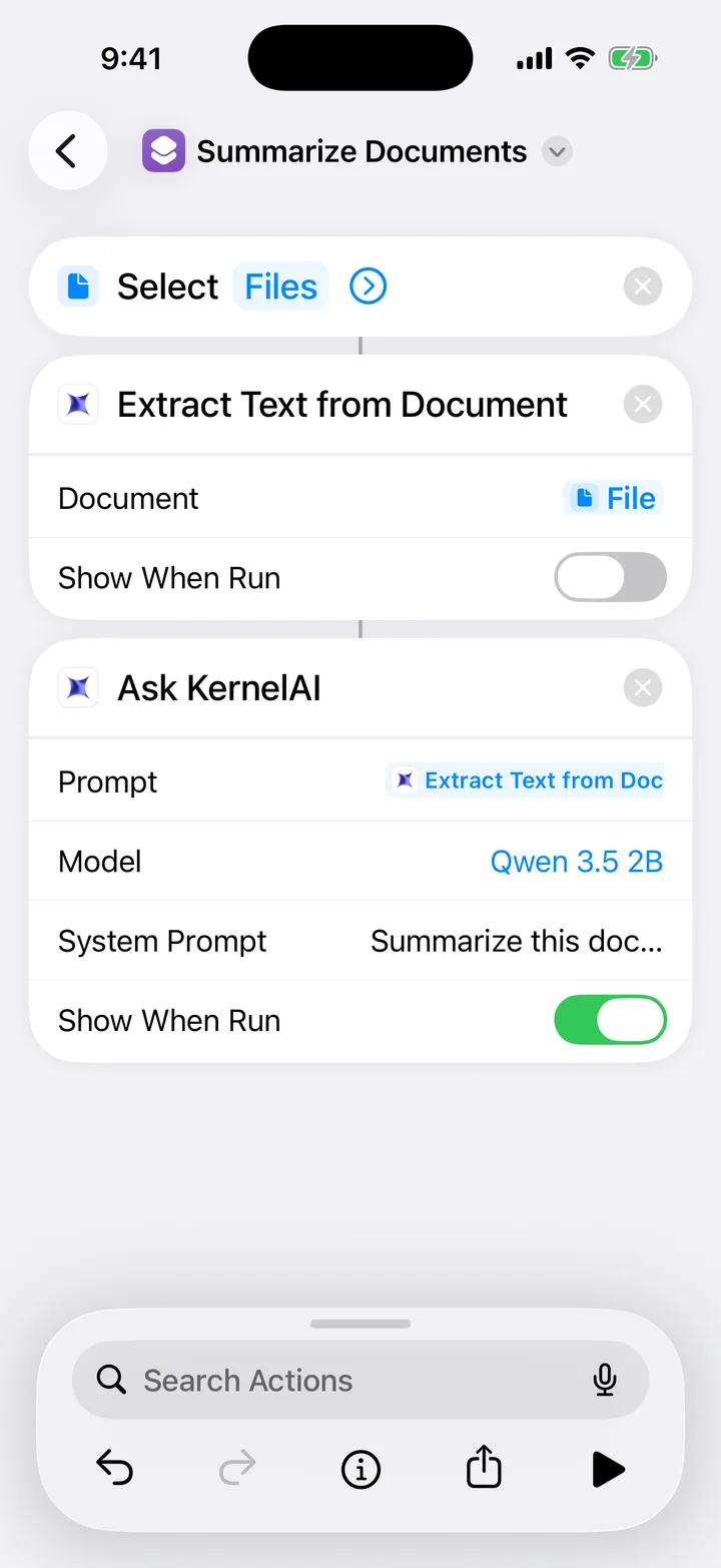 A Summarize Documents shortcut chaining Extract Text from Document into Ask KernelAI